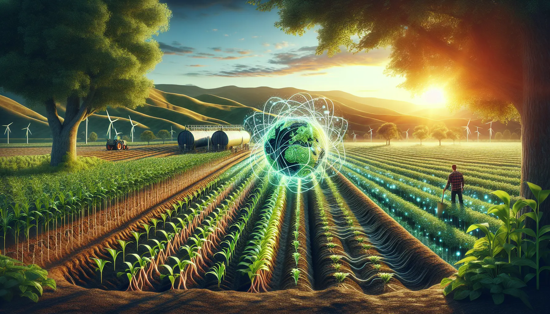 Un campo agricolo rigenerativo con colture diverse e piante di copertura che migliorano la salute del suolo.