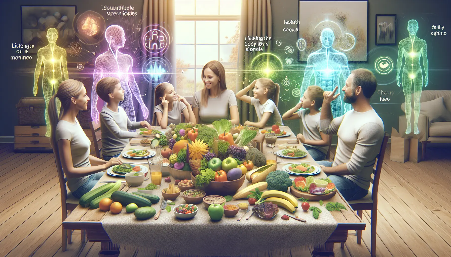 Famiglia che condivide un pasto sano e gustoso, simbolo di alimentazione intuitiva e consapevole.