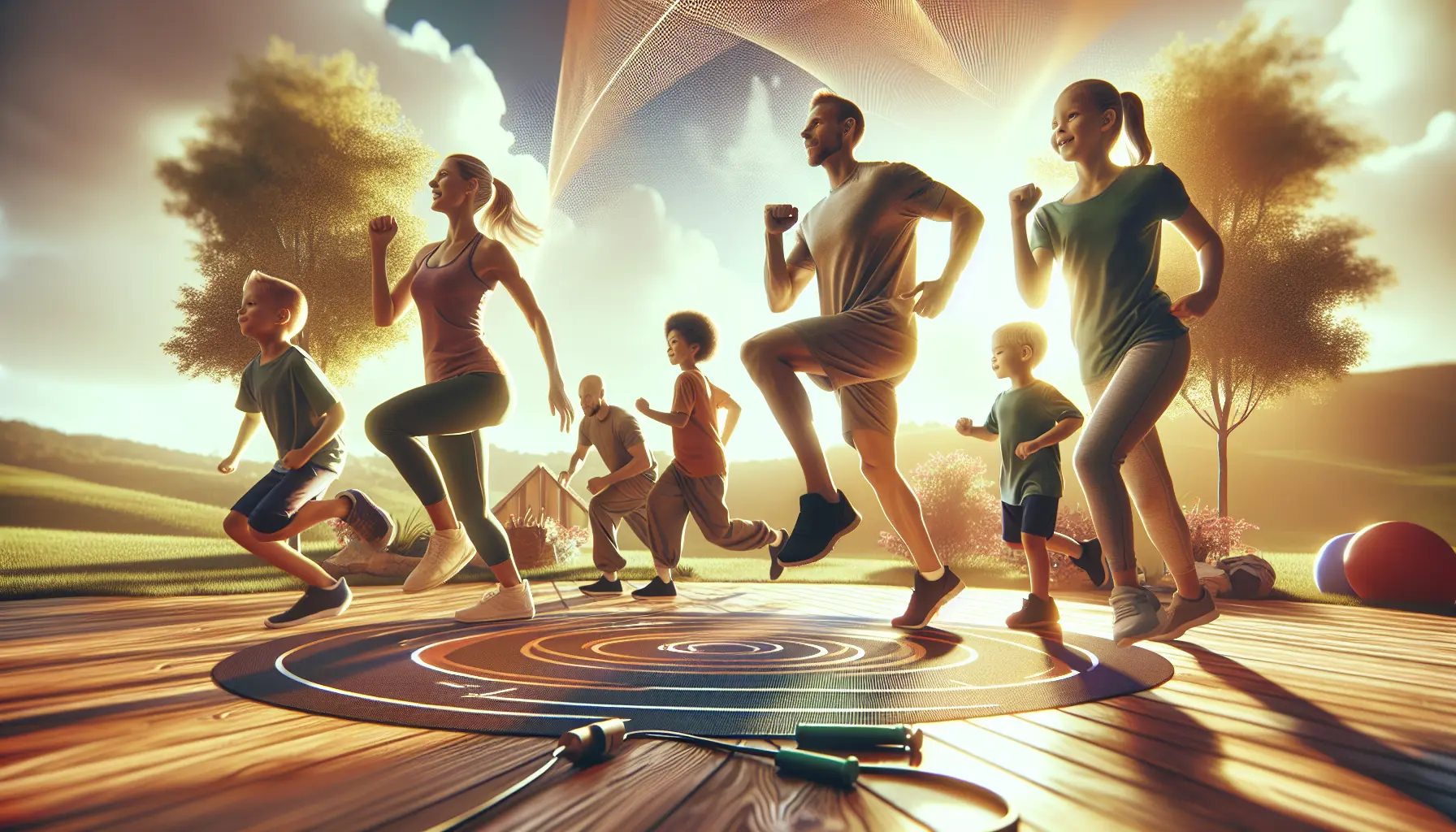 Famiglia che si allena insieme in un parco, sorridenti e attivi