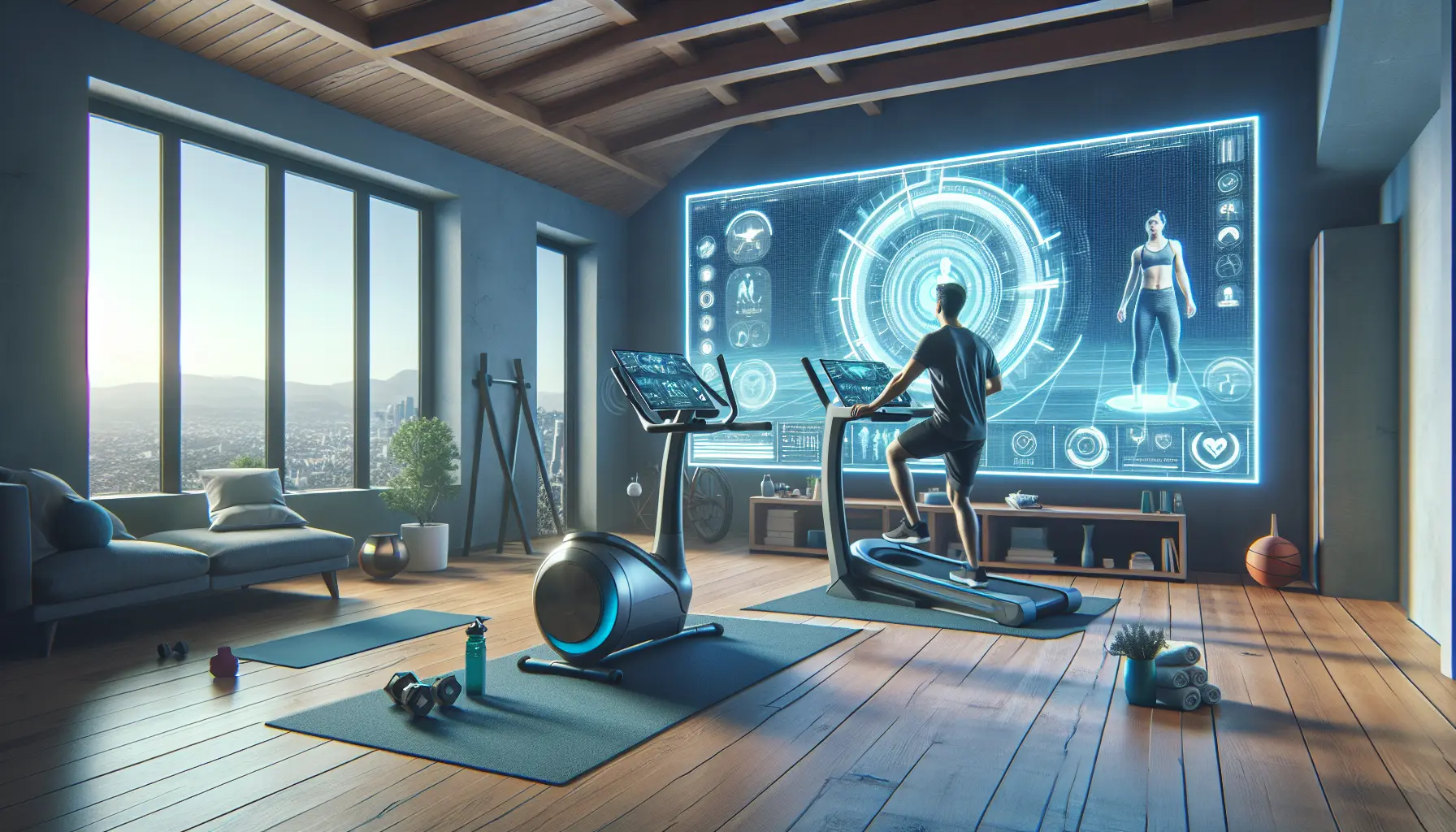Una persona che si allena a casa seguendo un corso virtuale, circondata da attrezzature sportive e elementi ispiratori.