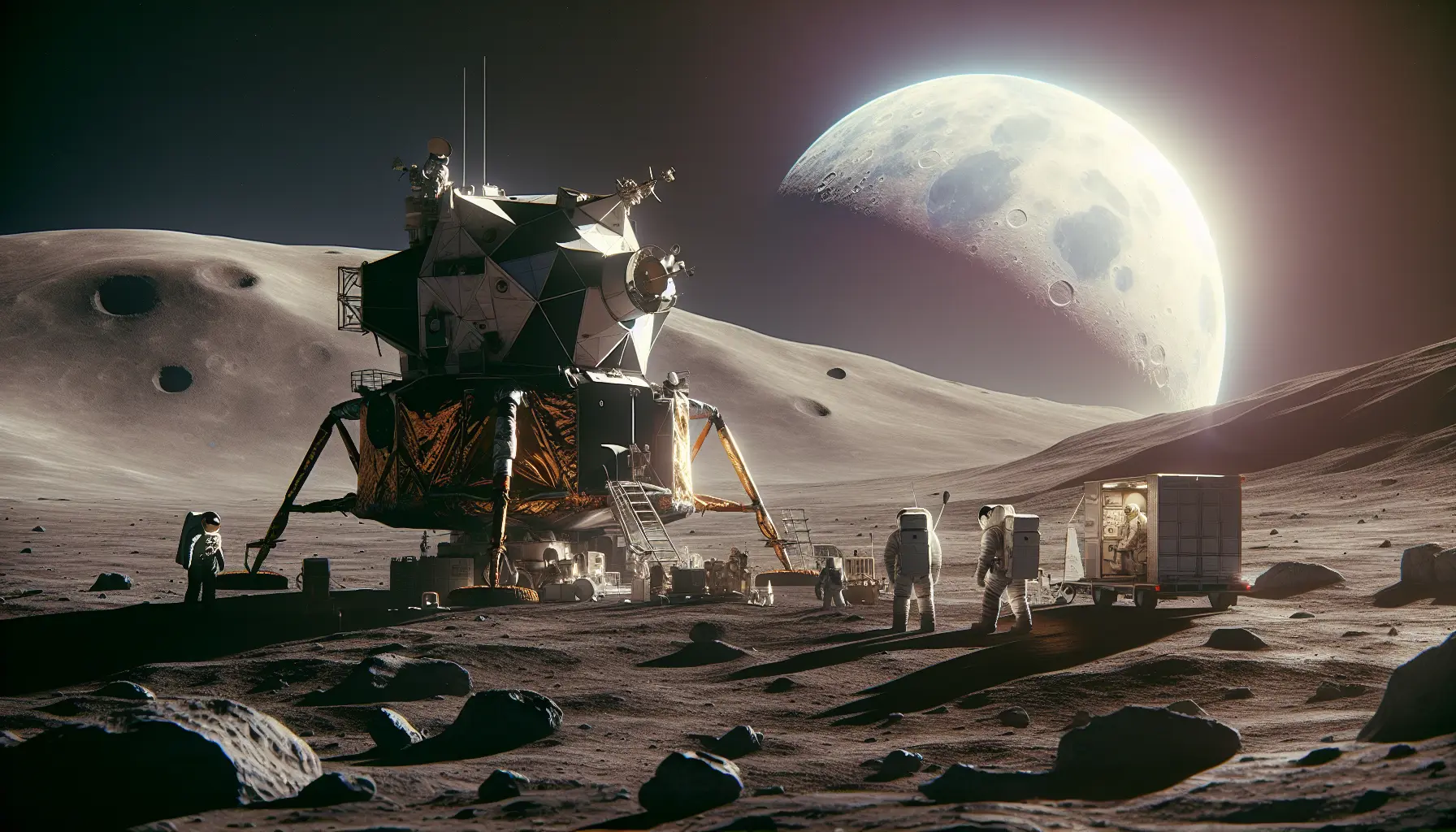 Astronauti sulla superficie lunare durante la missione Apollo 17, circondati da rocce e crateri, mentre esplorano il paesaggio lunare.