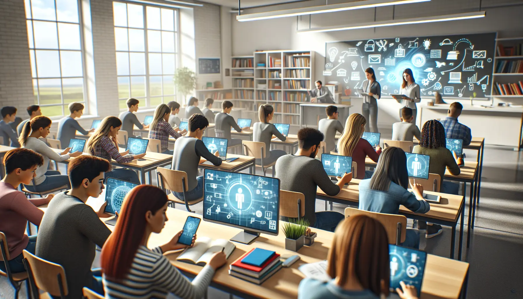 Un insegnante utilizza la tecnologia per personalizzare l'apprendimento in classe, con studenti coinvolti in attività educative interattive.