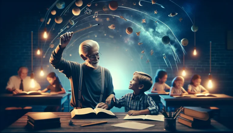 Un nonno e un nipote che condividono storie e esperienze, simbolo di apprendimento intergenerazionale.