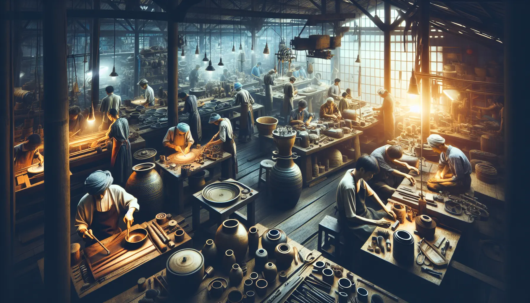 Artigiani al lavoro, mostrando tecniche tradizionali di lavorazione del vetro, legno e tessuti.