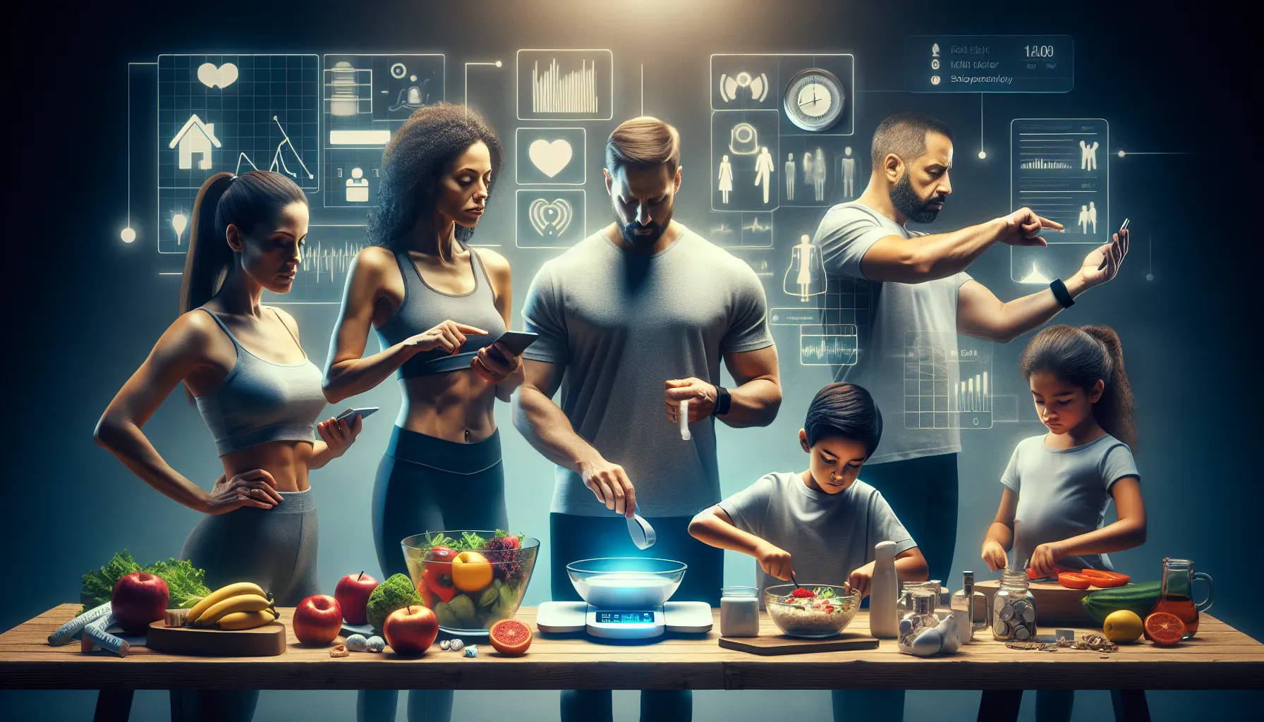 Una famiglia felice che pratica biohacking insieme, monitorando la salute e condividendo momenti di benessere.