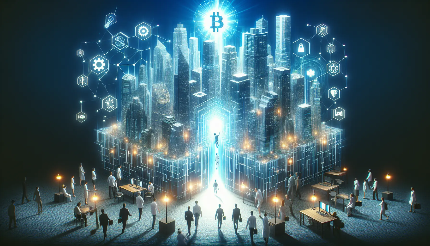 Rappresentazione grafica della tecnologia blockchain con nodi e catene che simboleggiano la sicurezza e la trasparenza delle informazioni.