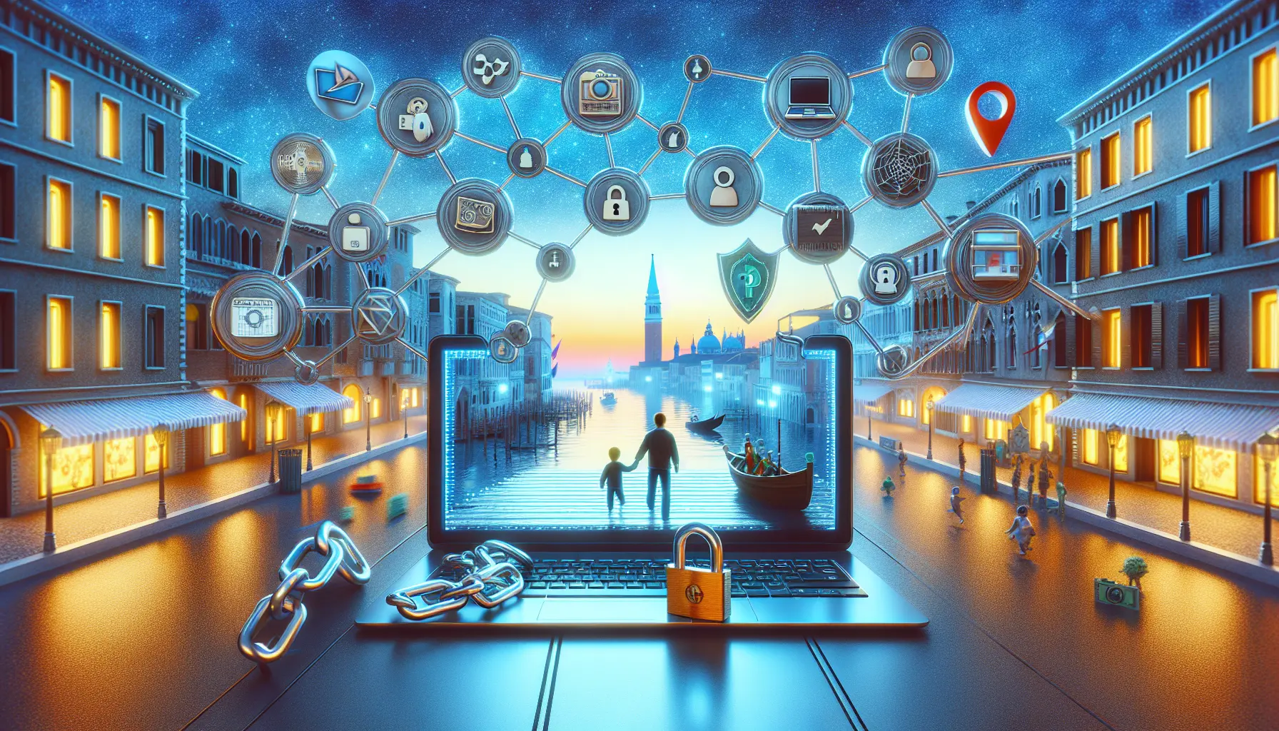 Rappresentazione visiva della blockchain e della privacy online, con simboli di sicurezza e dati protetti.