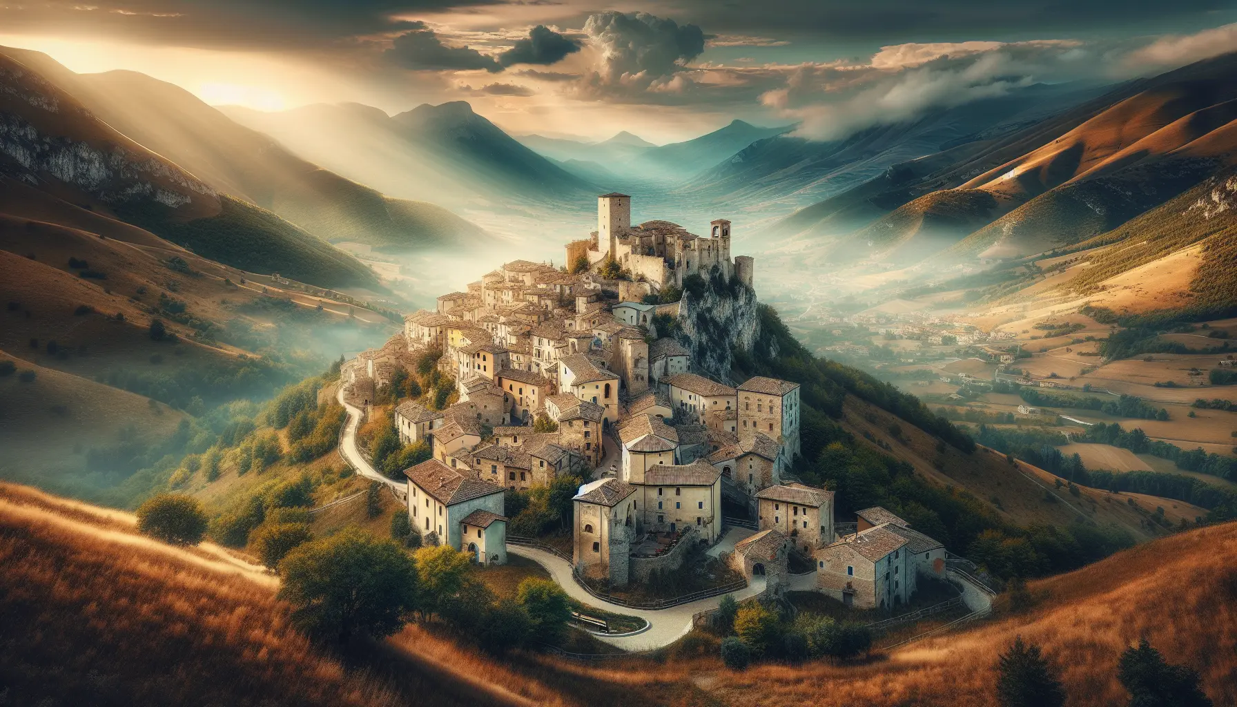 Vista panoramica della Rocca di Calascio circondata da montagne e natura incontaminata