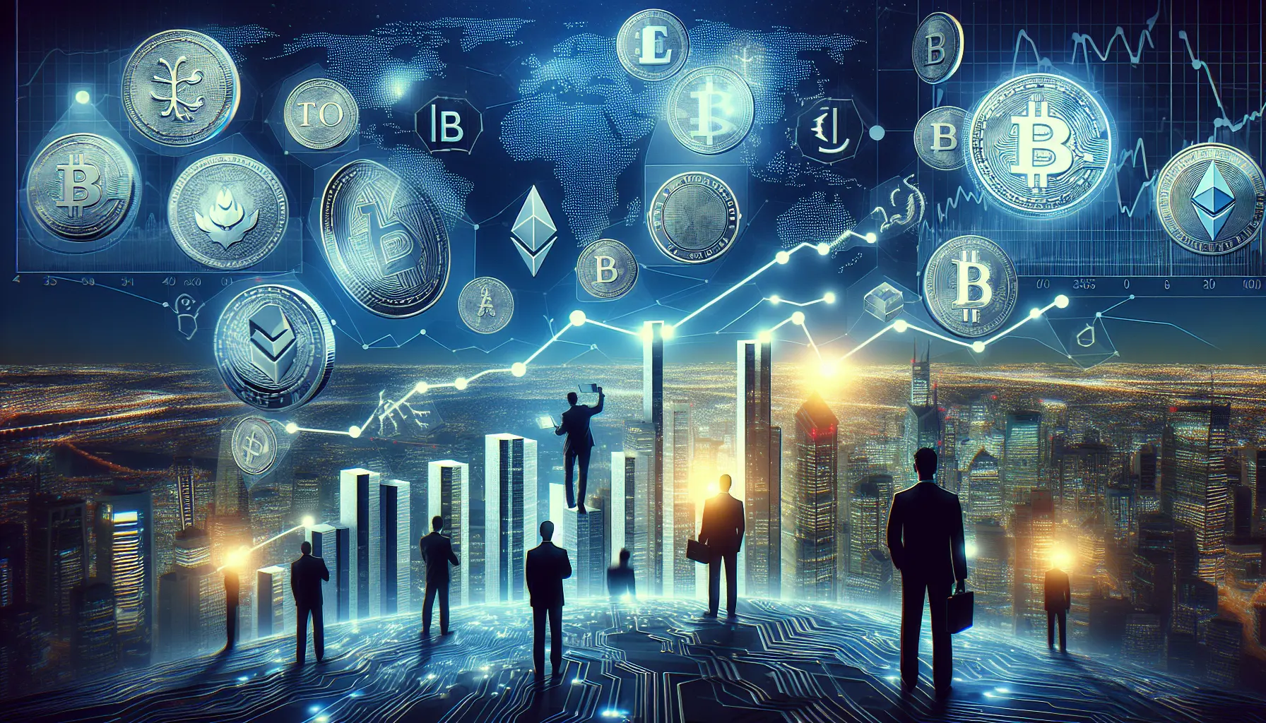 Grafico delle criptovalute con simboli di diverse monete digitali