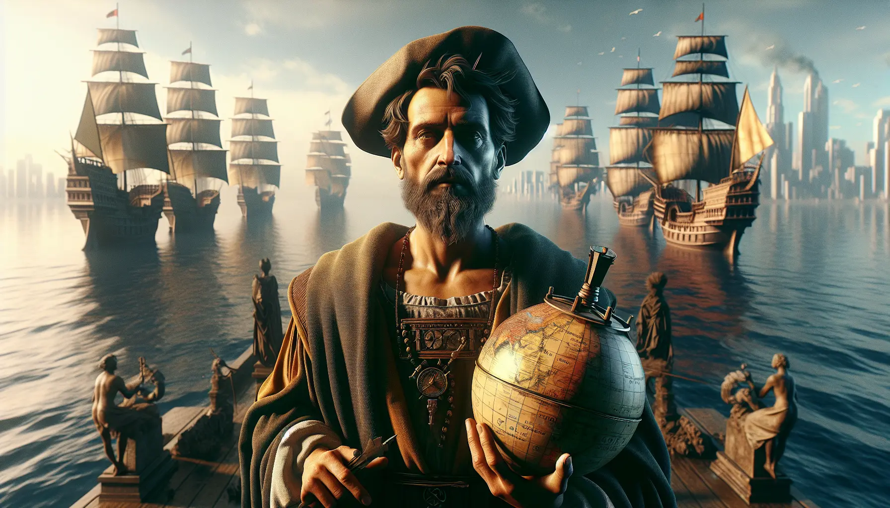 Navigatore italiano Cristoforo Colombo in un contesto marittimo, con navi e oceano sullo sfondo.