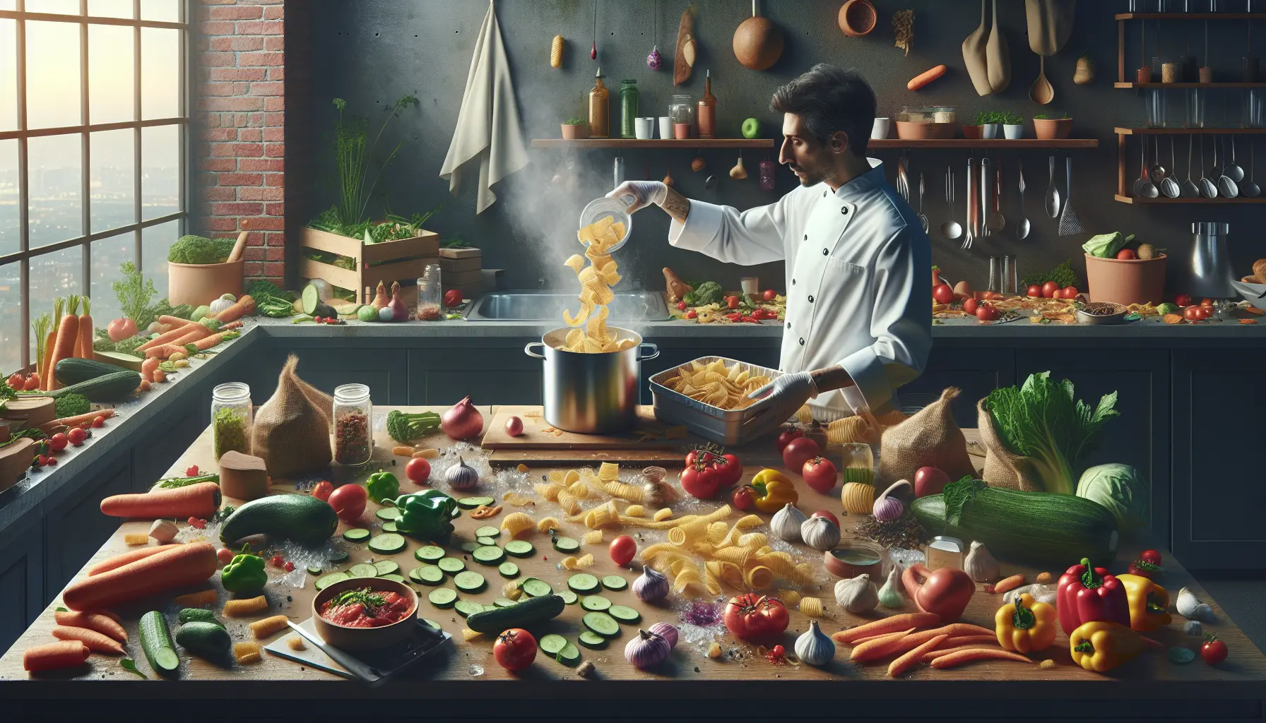 Immagine di ingredienti freschi e scarti utilizzati in cucina per ridurre gli sprechi