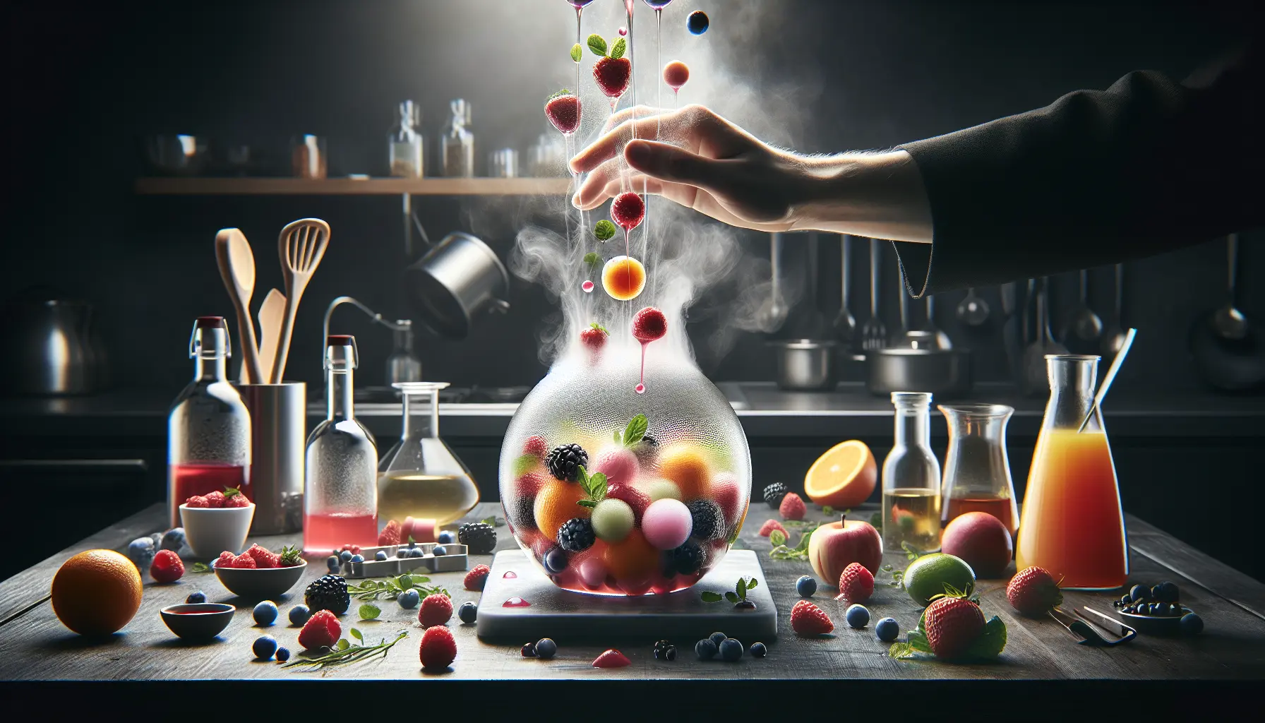 Un piatto gourmet di cucina molecolare con sferificazione e schiuma di basilico