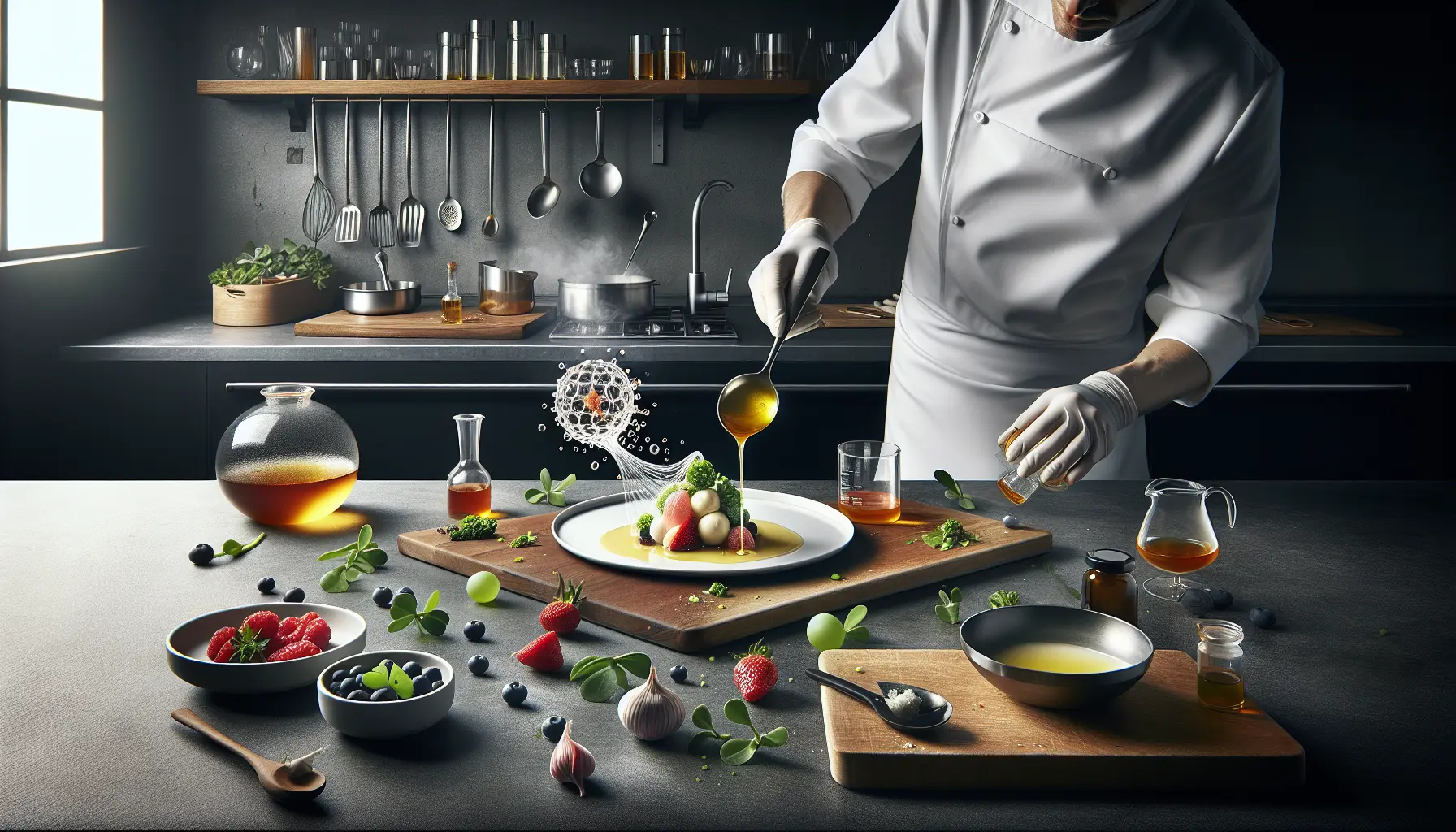 Un piatto di cucina molecolare con sfere di pomodoro e gelatina di fragole, presentato elegantemente su una tavola.