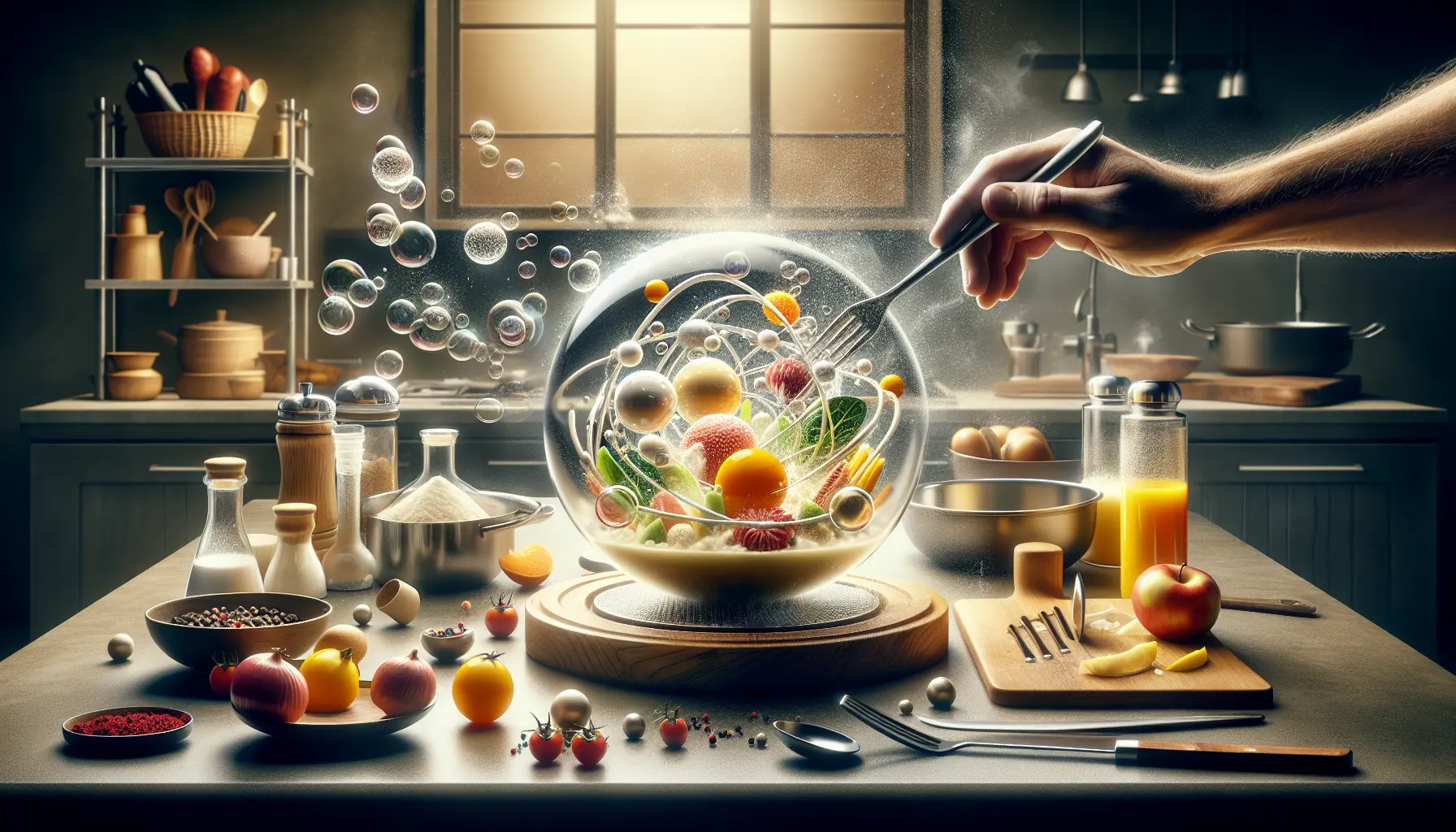 Un piatto di cucina molecolare con sfere di succo di frutta e spuma di pomodoro, presentato elegantemente su un tavolo.