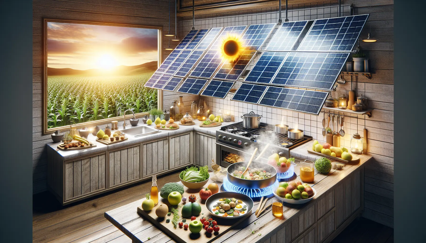 Un forno solare in un giardino, con piatti cucinati al sole e ingredienti freschi