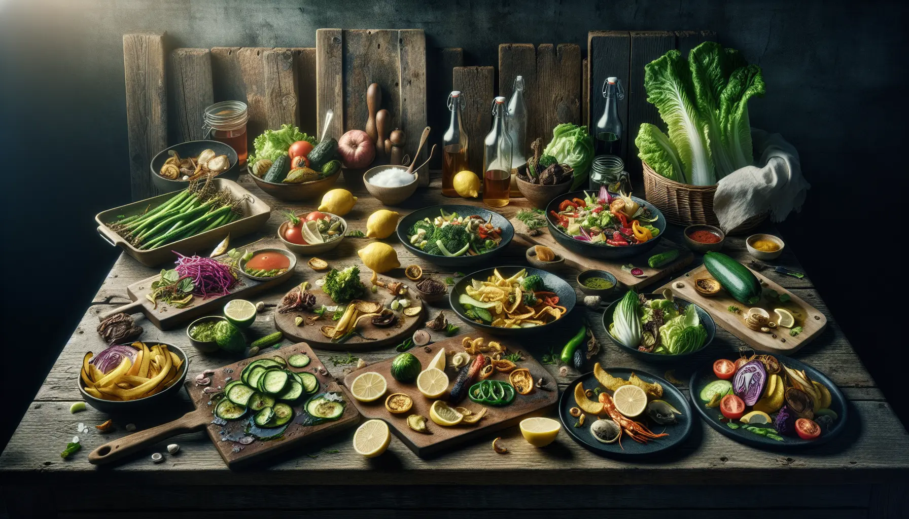 Una cucina colorata con ingredienti freschi e avanzi pronti per essere trasformati in piatti gourmet.