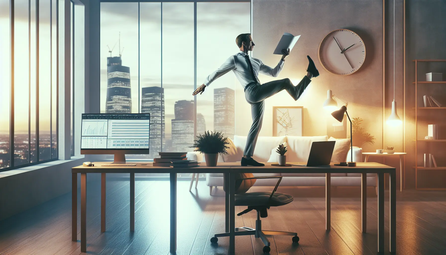 Un professionista che lavora da casa, circondato da elementi che rappresentano il lavoro flessibile e la vita personale.