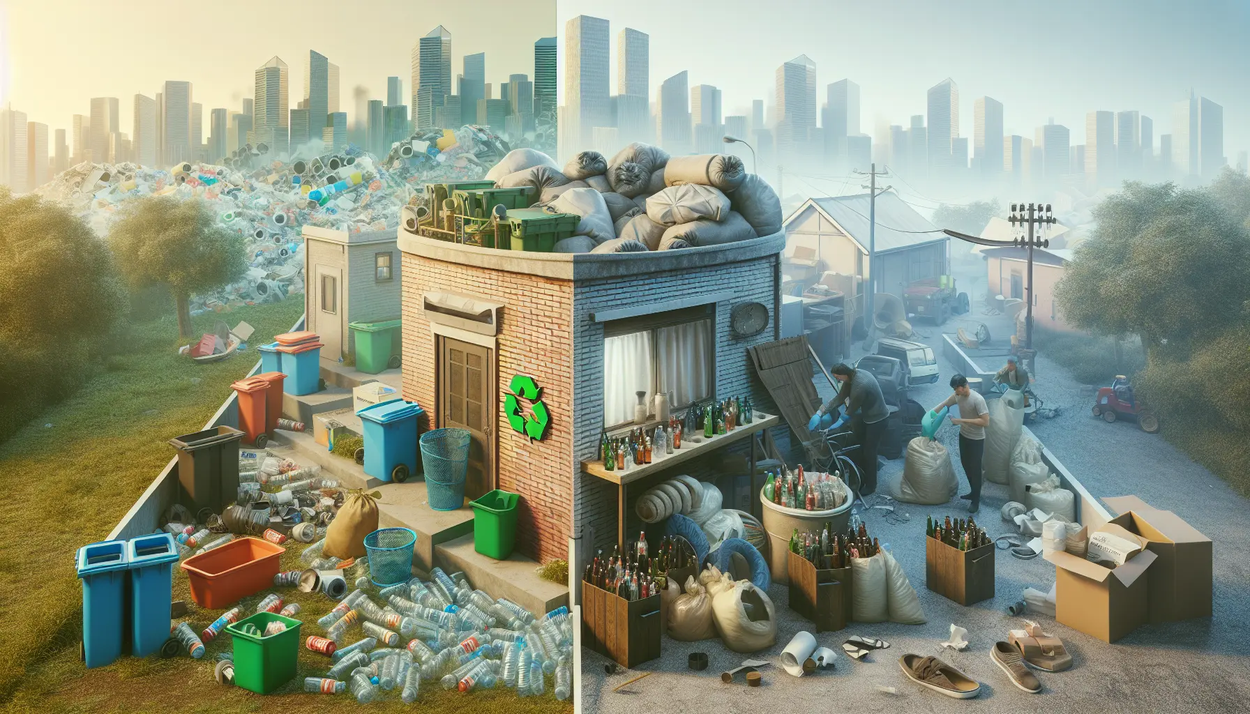 Illustrazione che rappresenta l'economia circolare con simboli di riciclo, prodotti riutilizzabili e una comunità in azione.