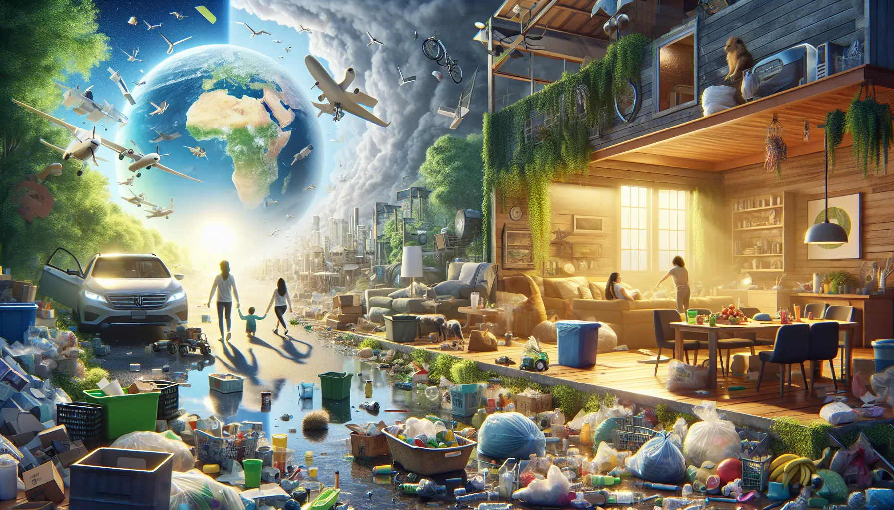 Una famiglia che partecipa a un'attività di riciclo e riutilizzo di materiali.