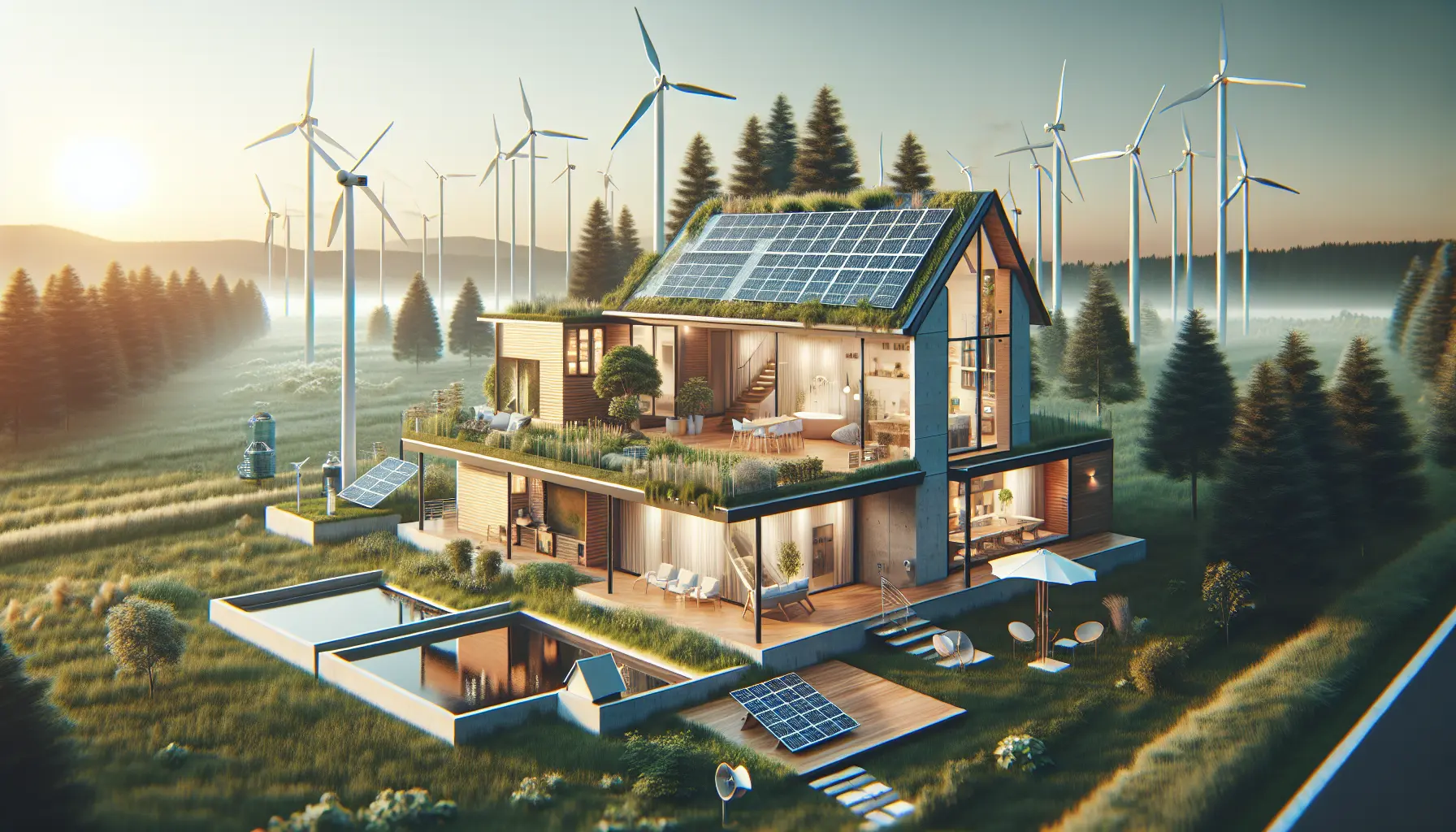 Una casa con pannelli solari e una turbina eolica, simbolo di sostenibilità e autosufficienza energetica.