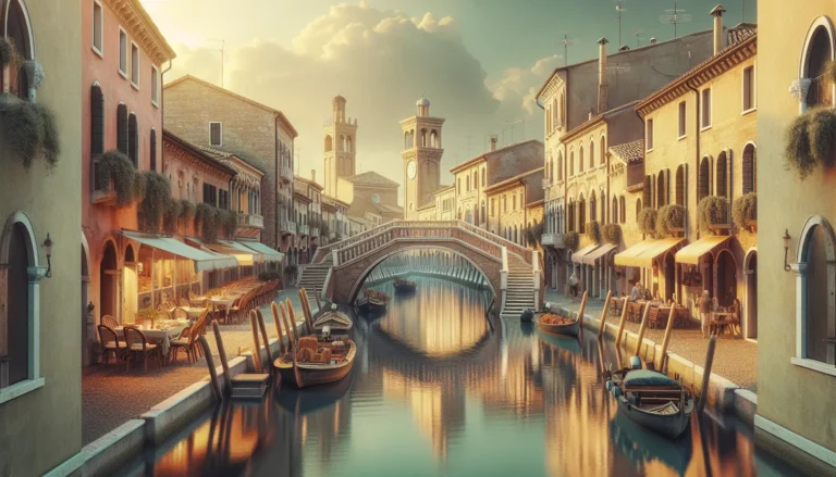 Vista panoramica dei canali di Comacchio con ponti storici e case colorate