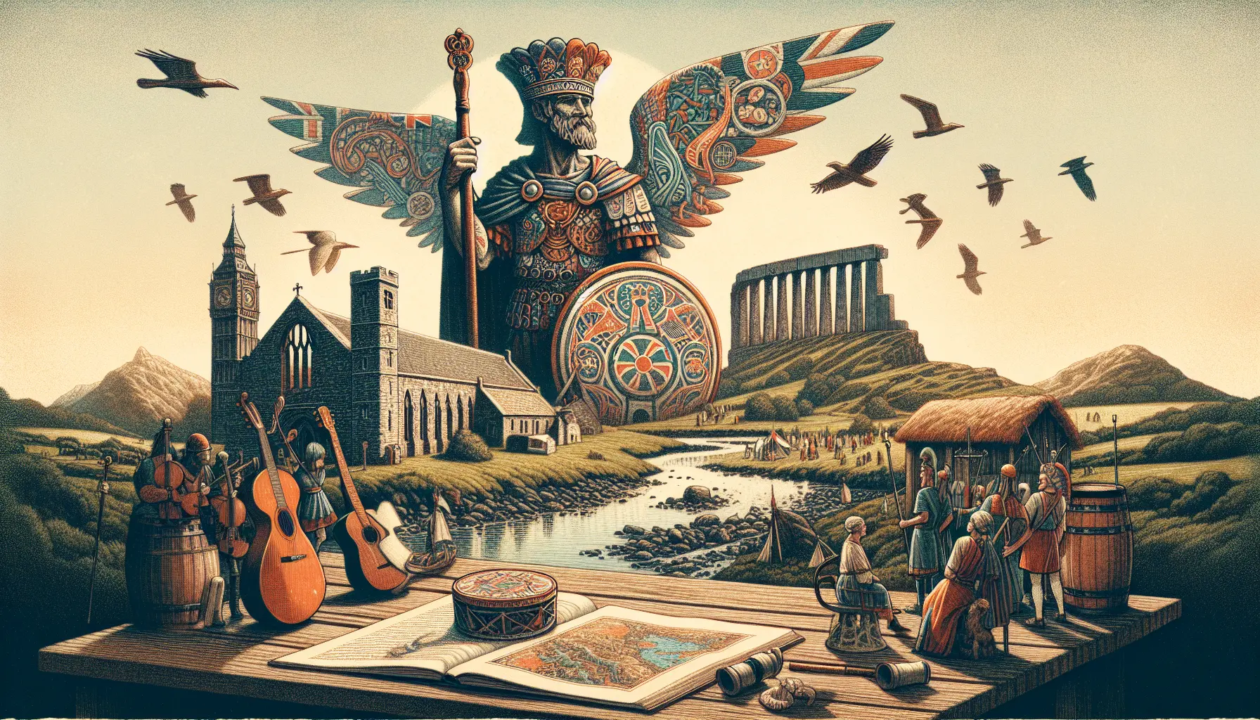 Vista panoramica delle Isole Britanniche con paesaggi verdi e storici monumenti