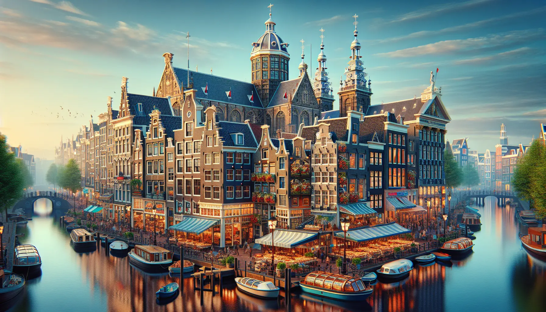 Una vista panoramica dei canali di Amsterdam con i tipici edifici storici sullo sfondo.