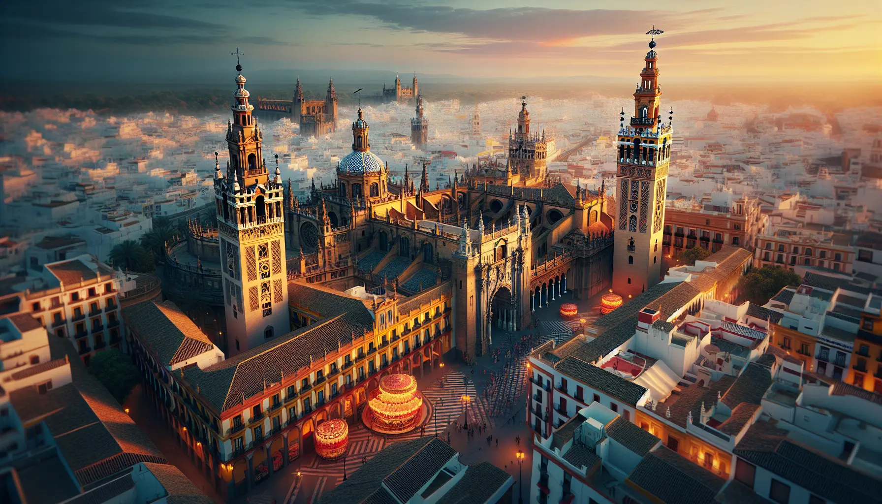 Vista panoramica della Cattedrale di Siviglia e dell'Alcázar al tramonto, con i colori caldi del cielo che riflettono la bellezza architettonica della città.