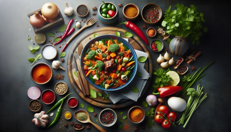 Un piatto colorato di couscous marocchino con verdure fresche e spezie, rappresentativo della cucina africana contemporanea.