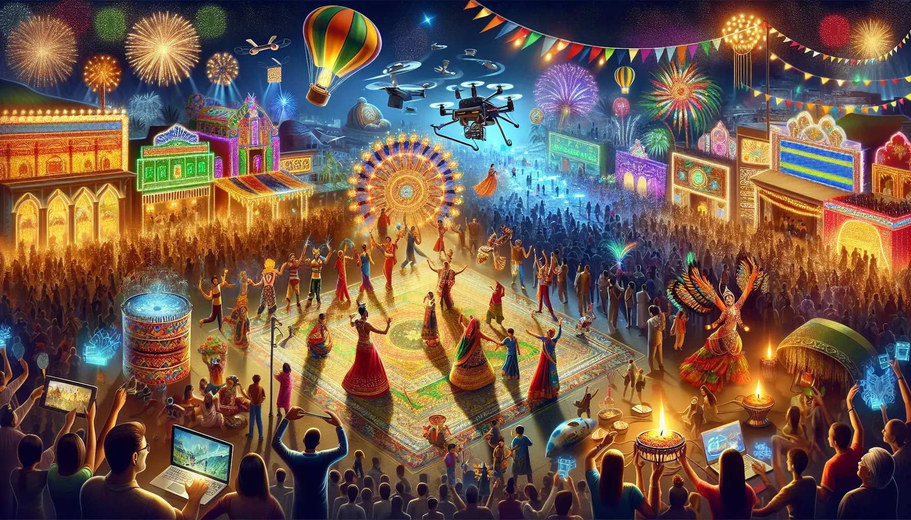 Un gruppo di persone che partecipano a un festival culturale, con colori vivaci e decorazioni tradizionali.