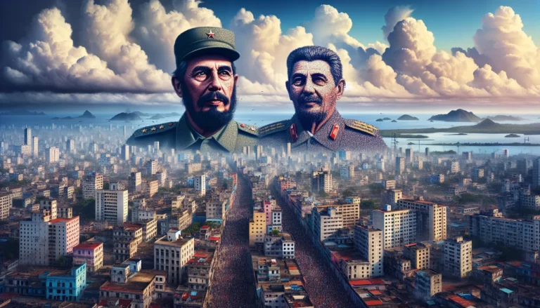 Ritratto di Fidel Castro durante un discorso pubblico, riflettendo la sua figura carismatica e il suo ruolo nella storia cubana.