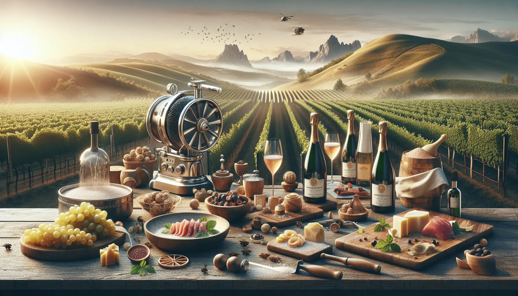 Bottiglie di Franciacorta in una cantina elegante, circondate da vigneti verdi e colline.