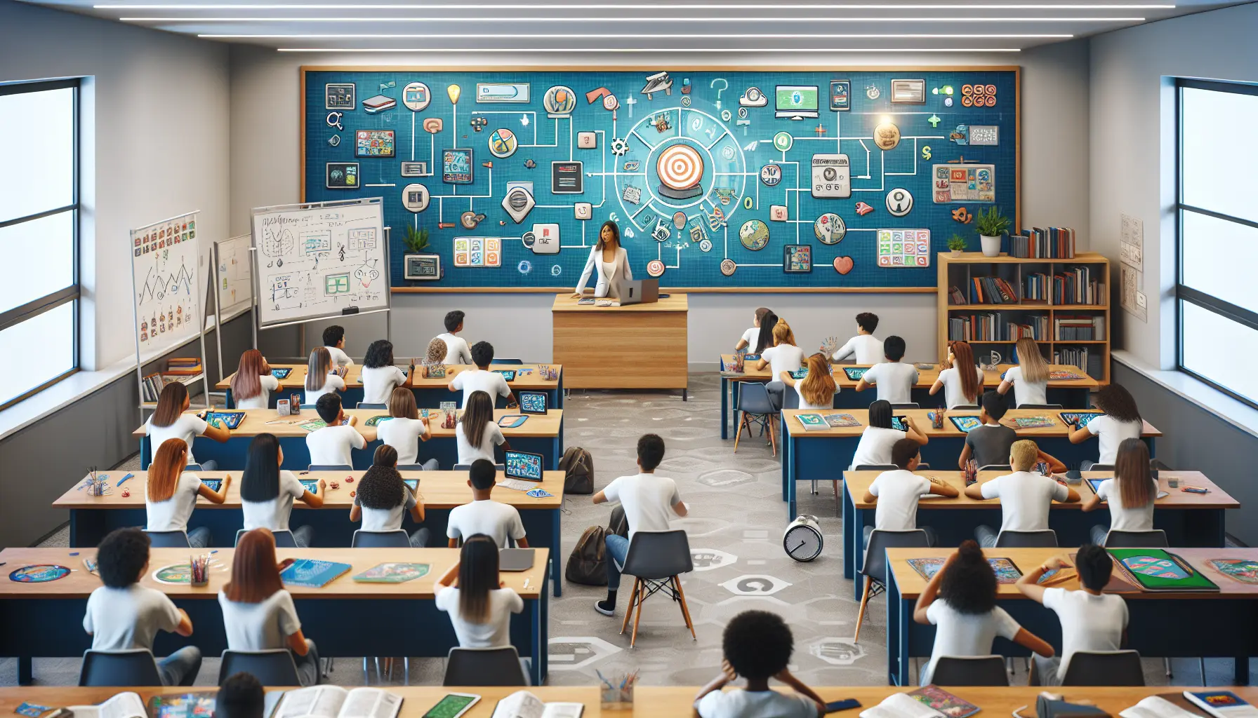 Un insegnante utilizza un gioco interattivo in aula per coinvolgere gli studenti nell'apprendimento.