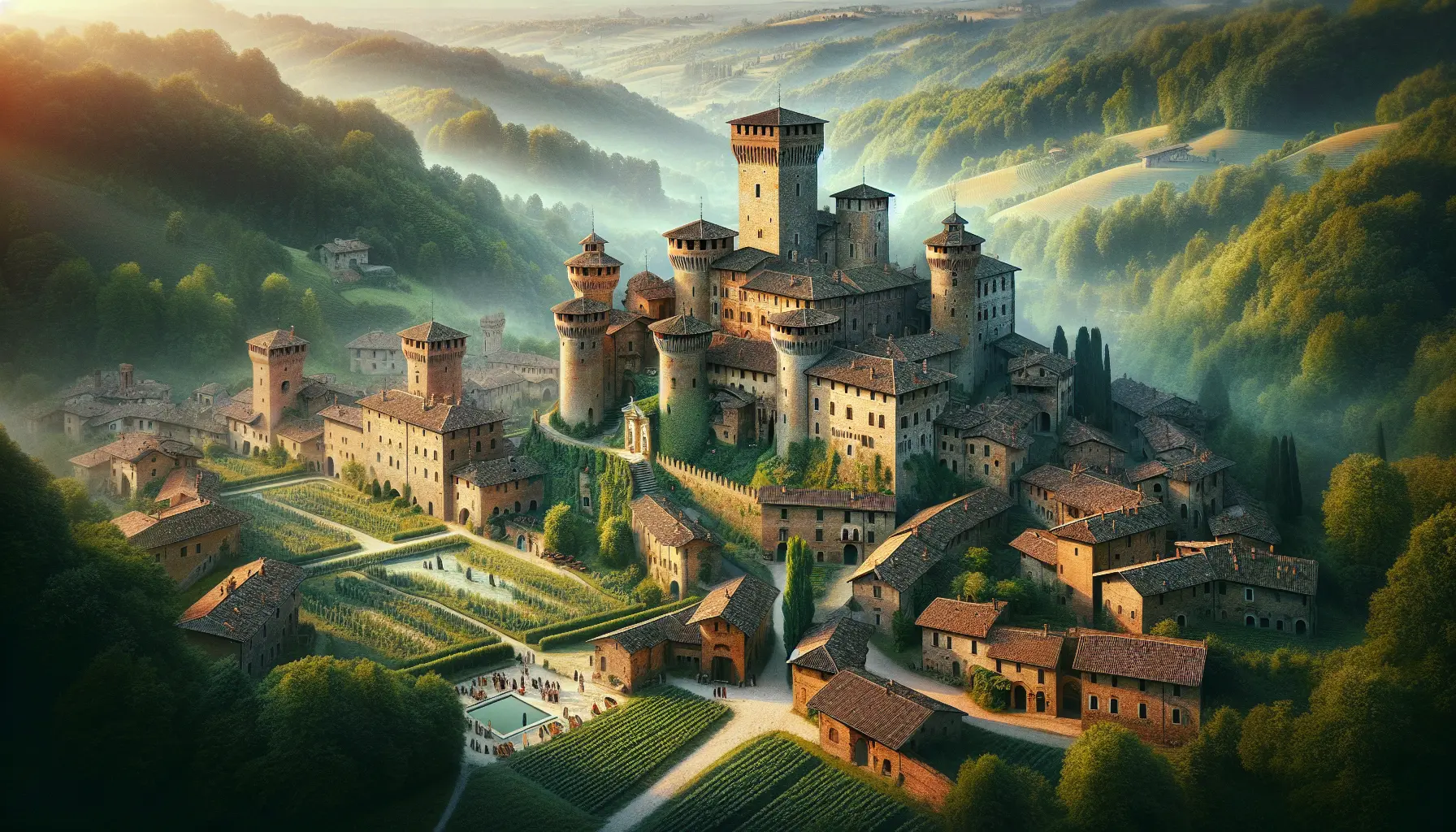 Un suggestivo scorcio di Grazzano Visconti, con le sue strade medievali e l'architettura storica.