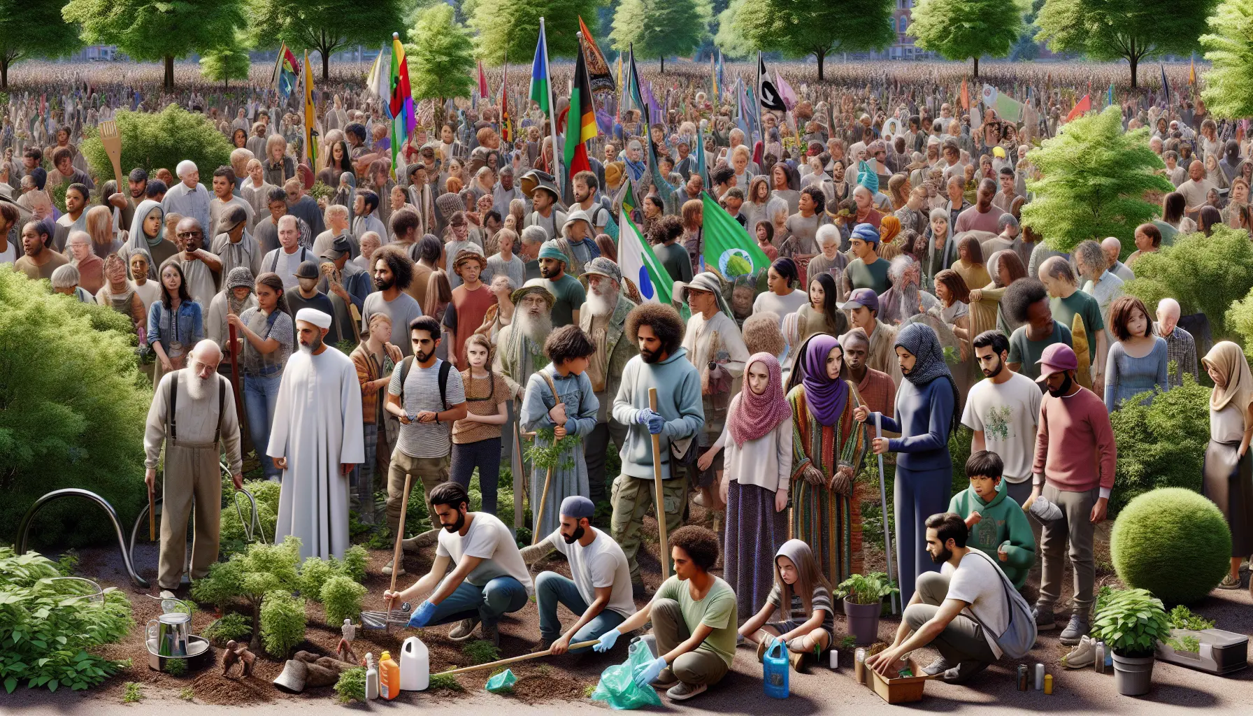 Attivista Greta Thunberg durante una manifestazione per il clima, circondata da giovani manifestanti.