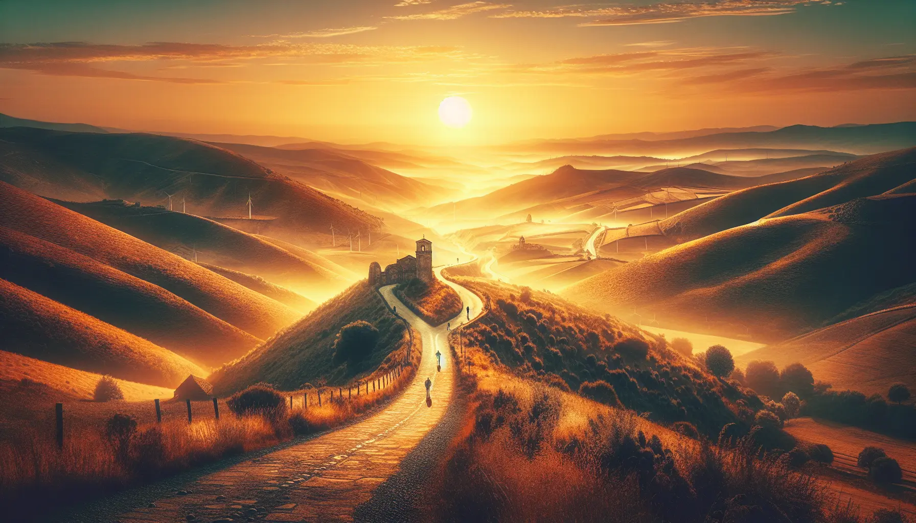 Pellegrini lungo il Cammino di Santiago, circondati da paesaggi naturali e storici.