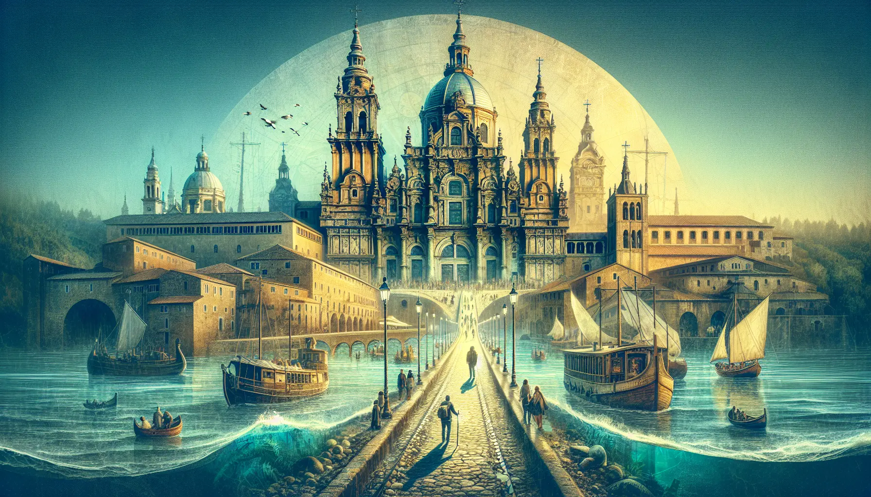 Un gruppo di pellegrini che cammina lungo il Cammino di Santiago, circondato da paesaggi verdi e storici.