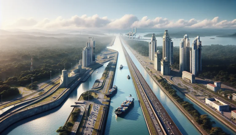 Vista panoramica del Canale di Panama con navi in transito e chiuse in funzione.