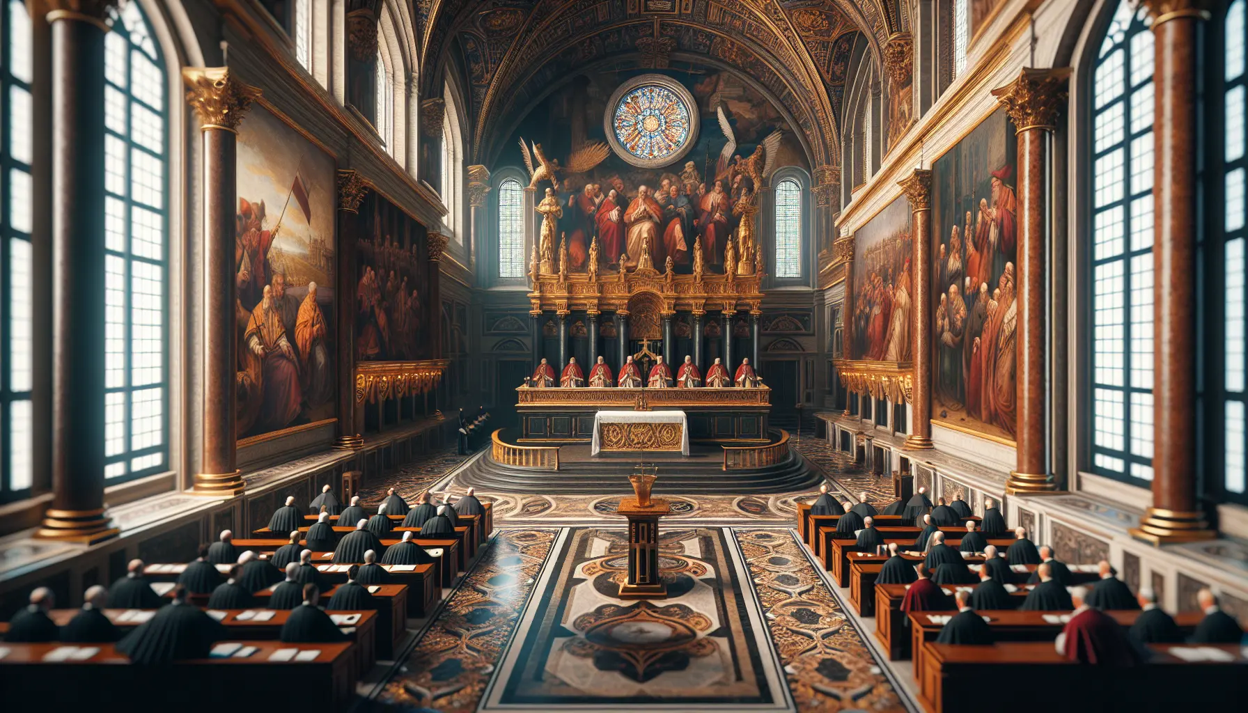 Rappresentazione artistica del Concilio di Trento, con ecclesiastici in discussione e simboli della fede cattolica.