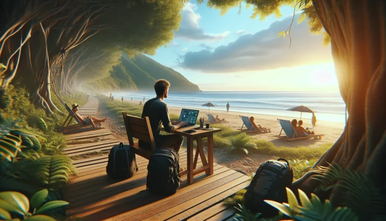 Una persona che lavora al computer in una caffetteria con vista su una spiaggia tropicale.