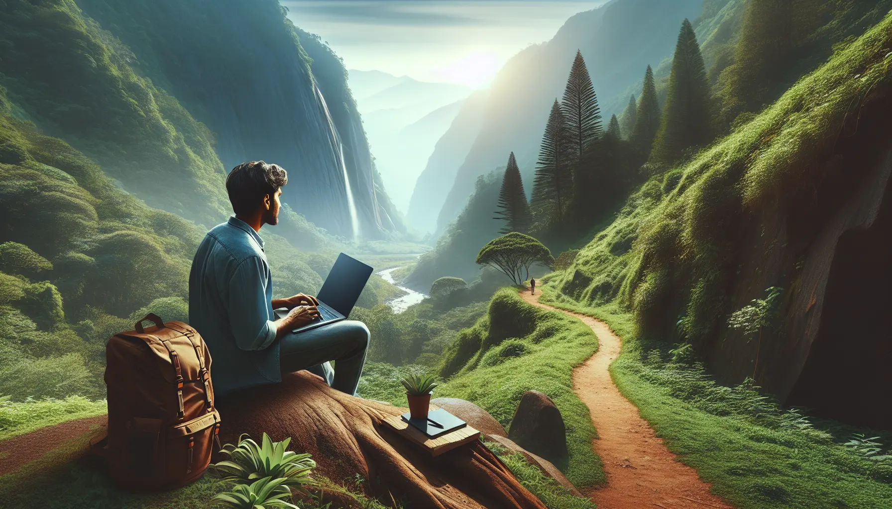 Un professionista che lavora al computer in un ambiente naturale, circondato da montagne e alberi.