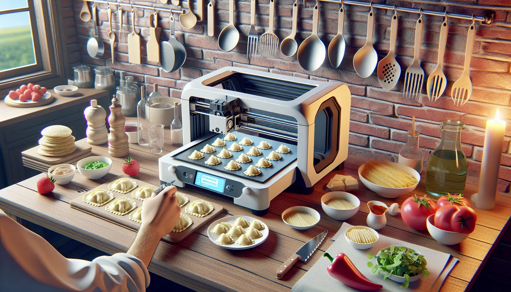 Un piatto di ravioli stampati in 3D, decorati artisticamente con ingredienti freschi.