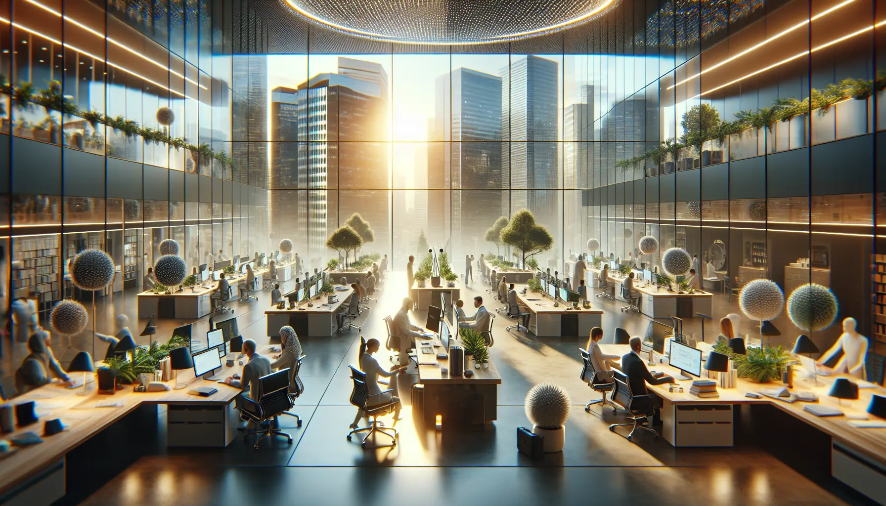 Un moderno ambiente di lavoro ibrido con spazi condivisi e tecnologia avanzata.