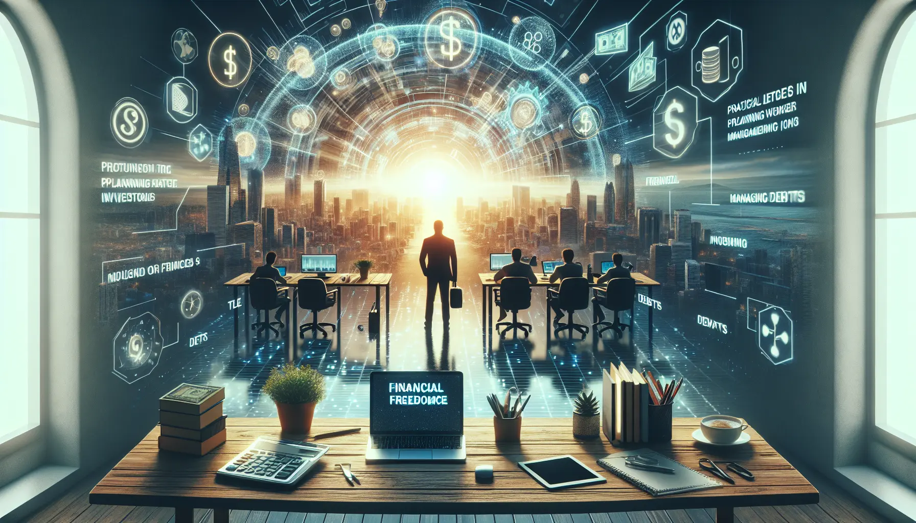 Un freelance al lavoro con un laptop, circondato da appunti e grafici finanziari, simbolo della gestione delle finanze in un'economia gig.