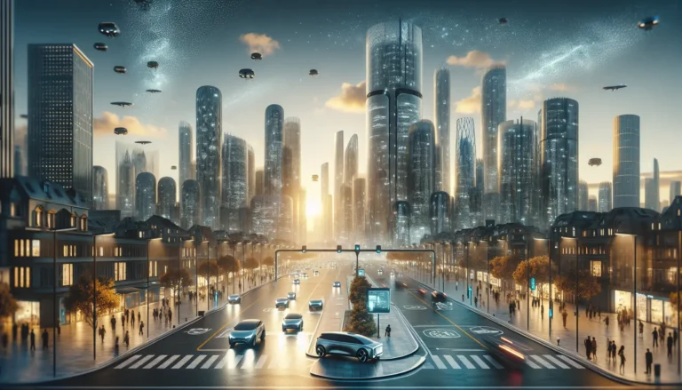 Un'immagine che rappresenta una città futuristica con spazi verdi, veicoli elettrici e architettura moderna.