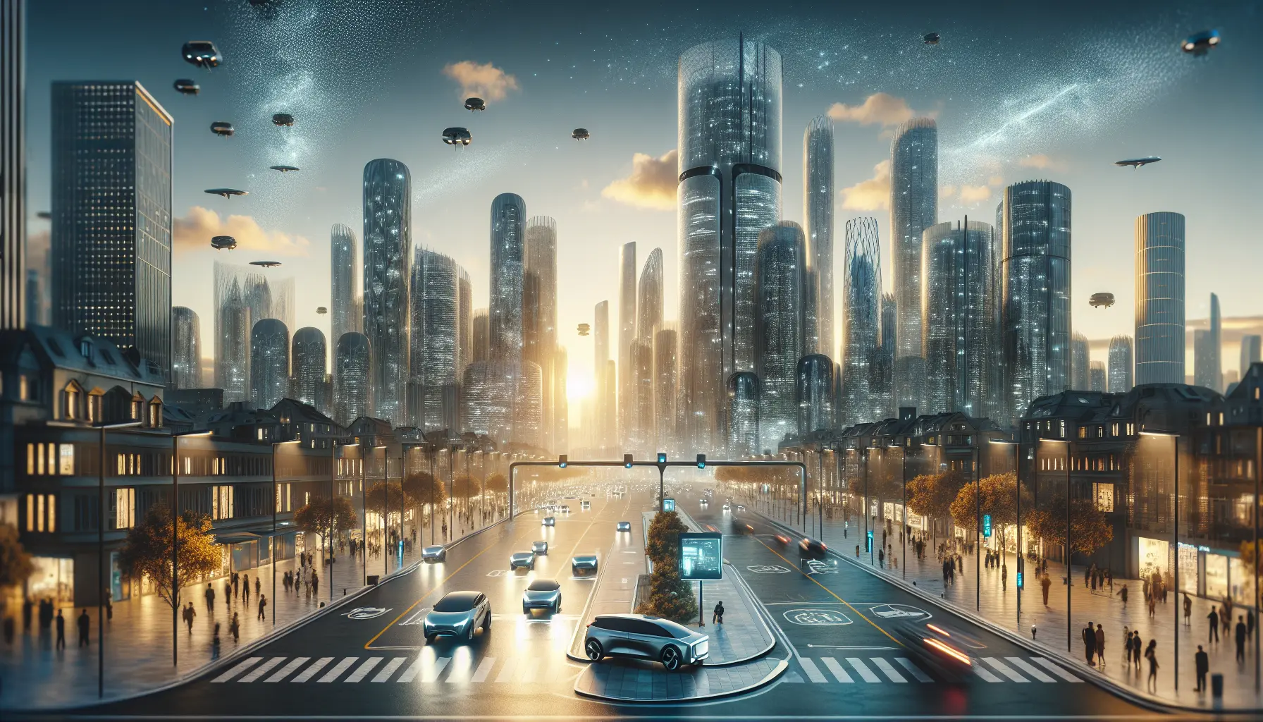 Un'immagine che rappresenta una città futuristica con spazi verdi, veicoli elettrici e architettura moderna.