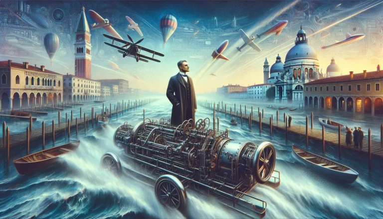 Henri Coandă in un laboratorio di ingegneria, circondato da schizzi e modelli di aerei