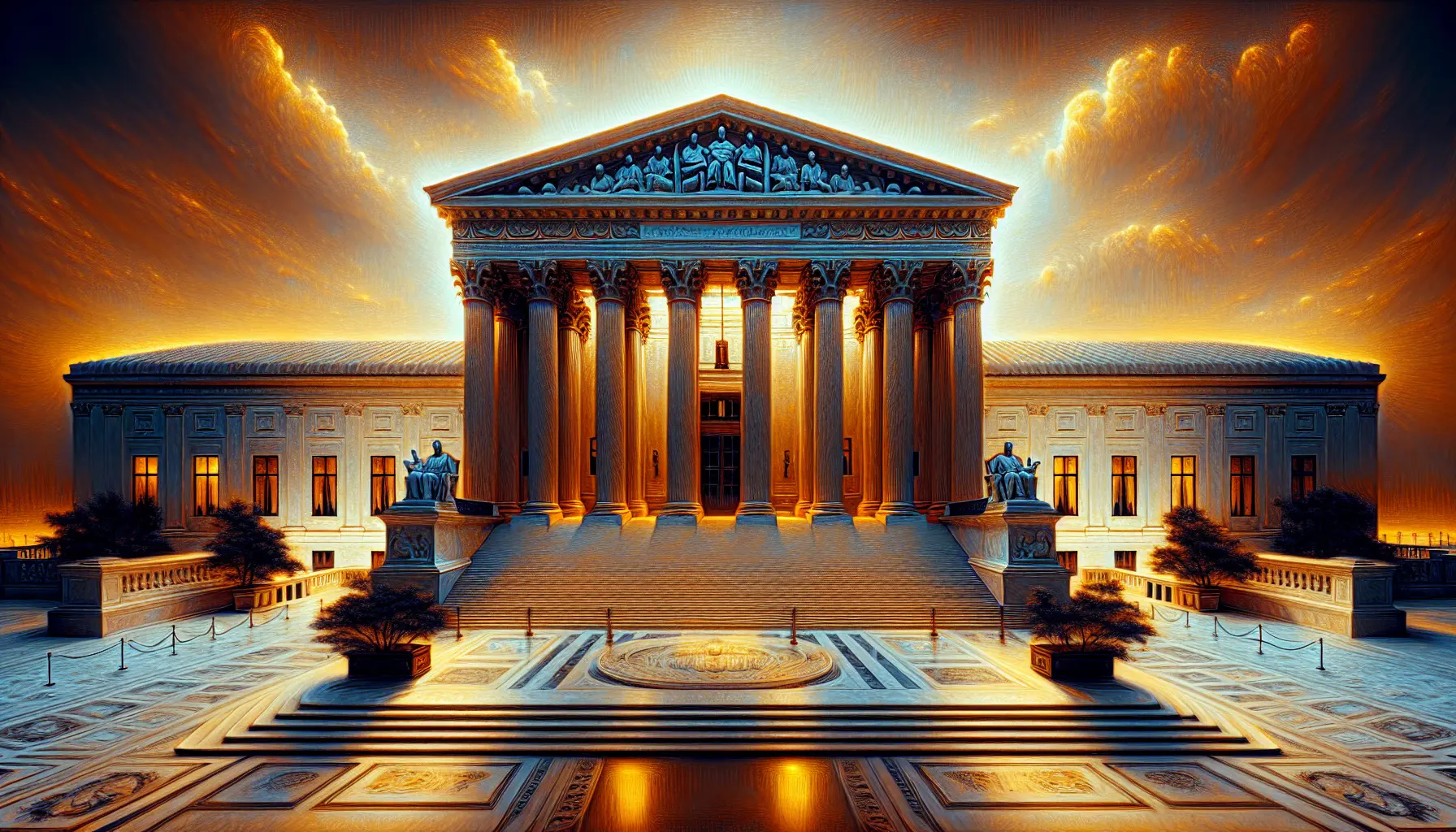 Immagine della Corte Suprema degli Stati Uniti con il suo iconico edificio e la bandiera americana che sventola.