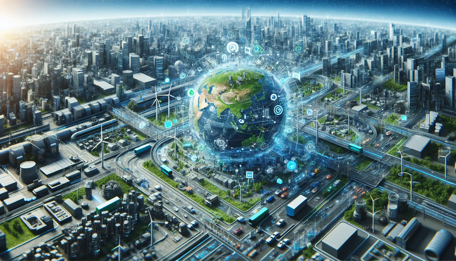 Panorama di una città intelligente con edifici moderni e spazi verdi, simbolo di sostenibilità e innovazione.