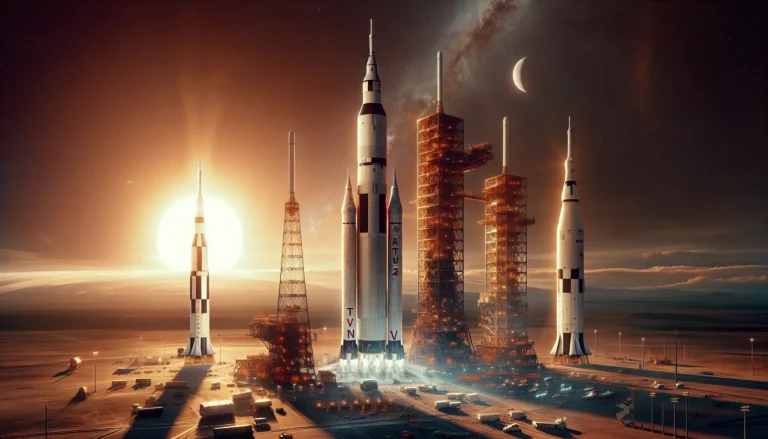 Un'immagine del razzo Saturn V in fase di lancio, simbolo dell'esplorazione spaziale e delle missioni Apollo.